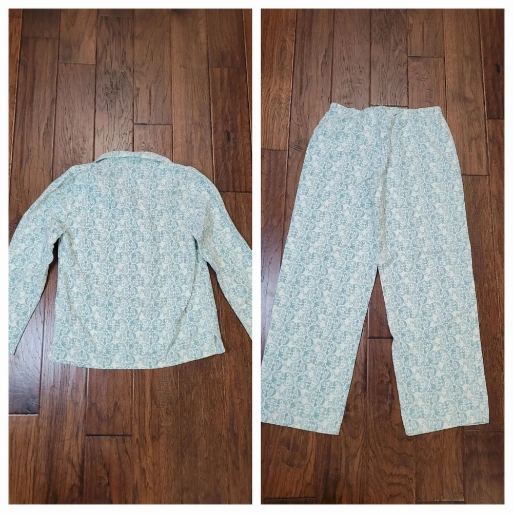 Garnet Hill Organic Cotton Flannel Greenish Blue & Creamy White Pajamas size XS